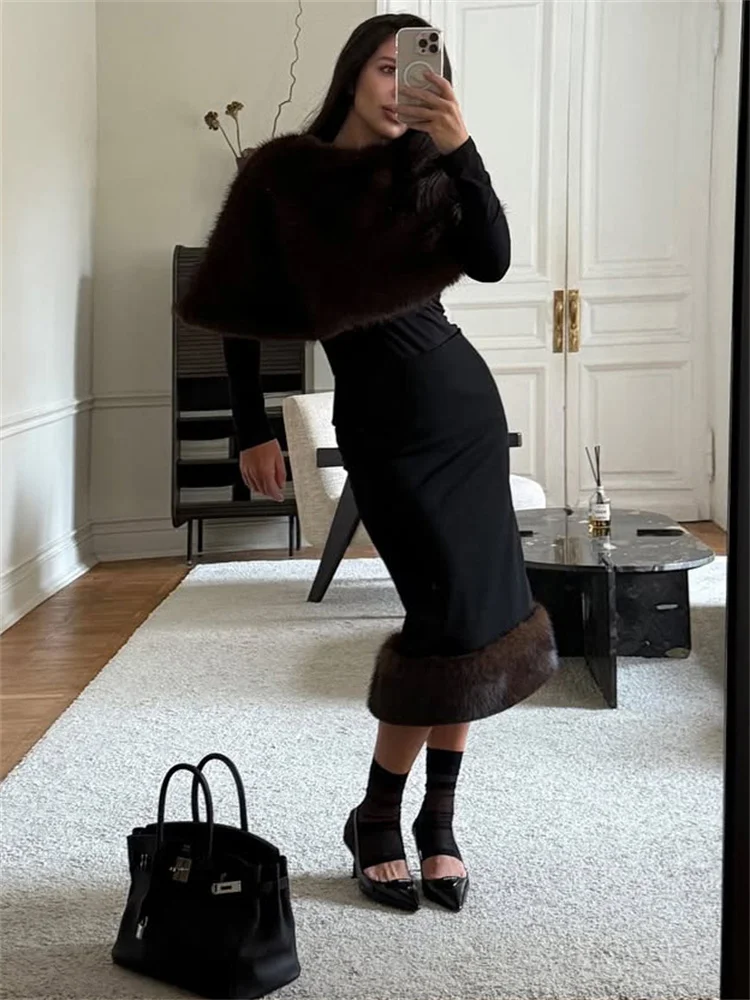 Tossy Elegant Female Fur Feather Maxi Skirt Outfits Luxury Loose Patchwork Fashion Cover up Top And Long Skirt Women's Sets New - Image 4