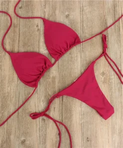 Solid Color Hanging Neck Style Lace-Up Bikini Women's Sexy Adjustable Triangle Beach Swimsuit No Steel Bracket No Chest Pad