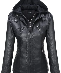 Hooded Leather Jacket Two-Piece Set Removable Large Size Leather Jacket for Women Spring & Fall Outwear for Women Pu Washed Leather