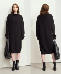 Alternative view of AMII Minimalist Womens Dresses 2025 Winter New Commuter Half Turtleneck Woman Clothing Solid Loose Knitted Midi Dress 12444229