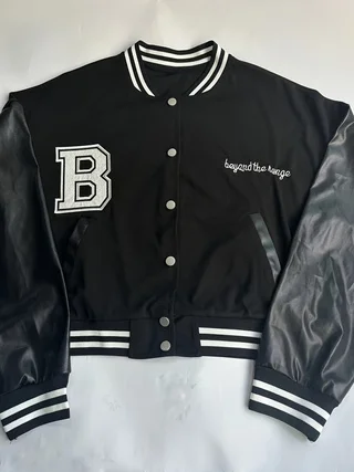 Plus-size letter print long sleeve with leather skirt baseball suit two-piece set; - Image 2