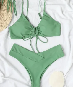 Solid Tie Sexy Bikini 2025 Hot Sale Padded Bra High Leg Bandage Push Up Bikini Set Brazilian Swimsuit Women Swimwear