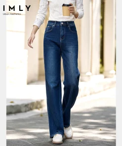 VIMLY Blue Denim Woman Pants Autumn Vintage 2025 New Straight Pockets Wide Leg Female Jeans Casual Button Trousers Ladies 75180