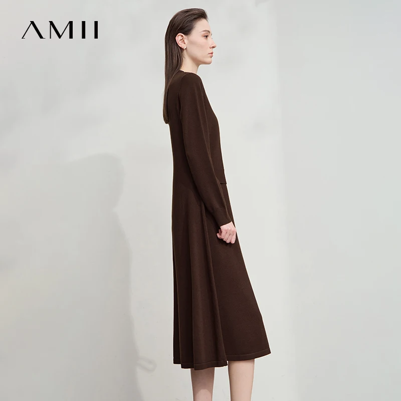 AMII Dress Ladies 2025 Autumn New Woman Clothing V-neck Fake Two-piece Knitted A-line Casual Elegant Dresses For Woman 12543051 - Image 5