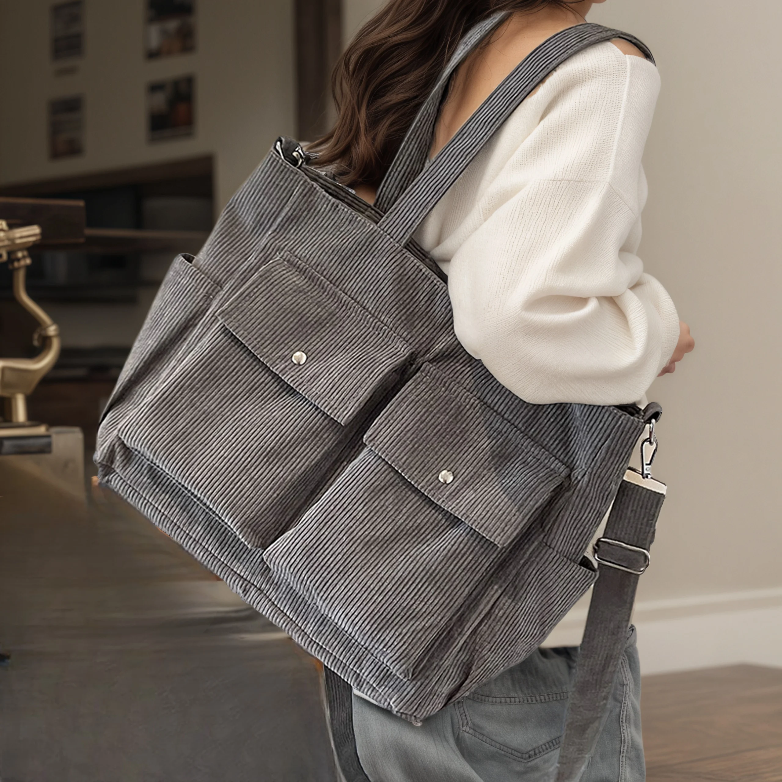 New Vintage Multi Pocket Corduroy Handbag Large Capacity Women's Shoulder Bag Casual Crossbody Bag For Women Commuting - Image 2