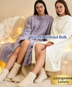 Winter New Long Warm Loose Fit Pocket Coral Fleece Pajama Set Nightgown Sleep Robe for Women Home Wear