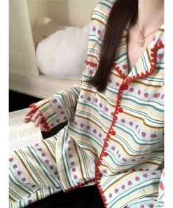 Alternative view of Plus Size Pajamas 2 Pieces Set Y2K Striped Strawberry Print Casual Korean Sweet Soft Women's Pajamas Autumn Winter New Homewear