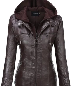 Alternative view of Hooded Leather Jacket Two-Piece Set Removable Large Size Leather Jacket for Women Spring & Fall Outwear for Women Pu Washed Leather