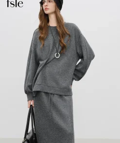 FSLE【Premium Series】Round Neck Twisted Sweatshirt Suit Women's Winter 2025 New Style Simple Long Skirts Sets Ins Casual