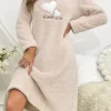 Heart Embroidery Flannel Sleepdress Pink Or Beige Long-Sleeve Round Neck Dress Super Soft Warm Nightgown Fit Winter Women's Pjs