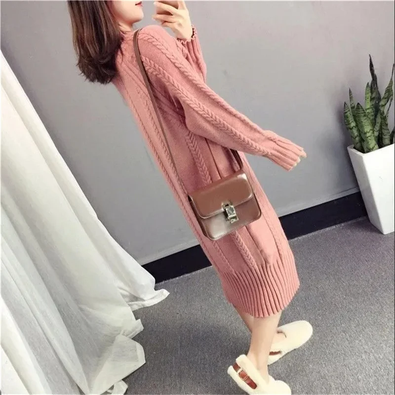 Khaki Thickened Sweater Women's Half High Neck Autumn And Winter New 2023 Korean Fashion Loose And Thin Knit Dress Long Female - Image 5
