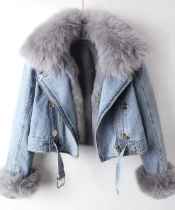 New Winter Denim Jacket Women Fashion Overcoat Faux Fox Fur Collar Jean Coat Female Short Warm Parkas Rabbit Hair Lining Outwear