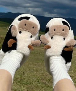 Comwarm Cute Furry Slipper For Women Girls Winter Fashion Milk Cow Fluffy Warm Slippers Woman Cartoon Animal Home Cotton Shoes