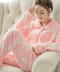 Thickened Flannel Coral Fleece Sleepwear Long Sleeve Home Clothes Set for Women Winter Warm Cozy Two-Piece Suit Comfortable Paja