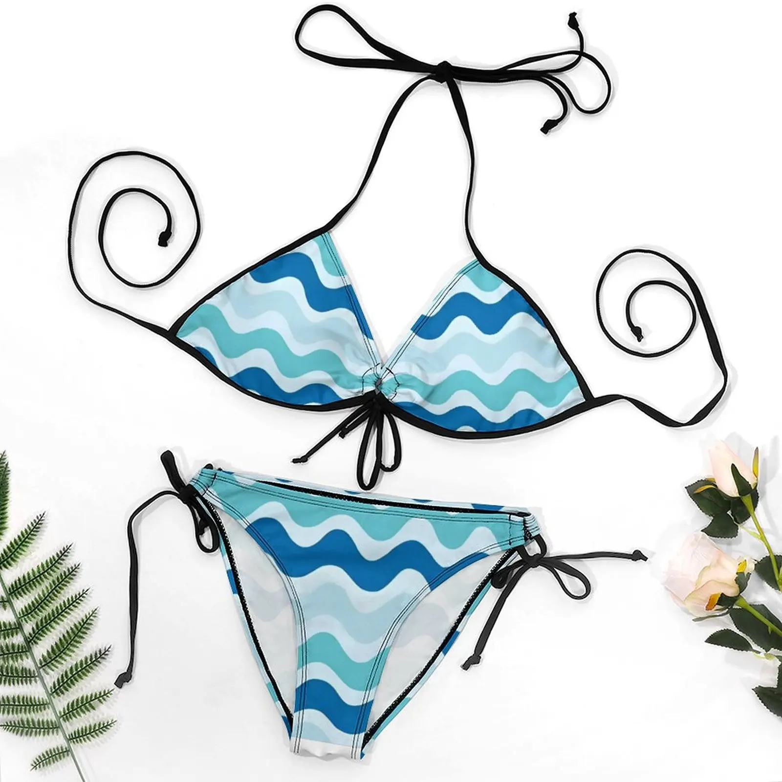 Women's beach wave theme swimsuit - two-piece bikini set - sophisticated and sexy style - adjustable shoulder straps - Image 6