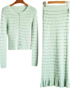 In Stock Lady Fine Workmanship Hot Drilling 2Pcs O-neck Single-breasted Cardigan Mermaid Long Skirt Women Solid Knit Twin Sets