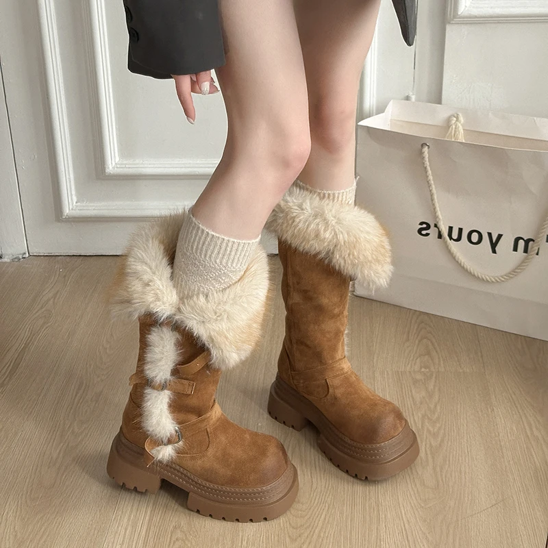 Winter Platform Thick Bottom Fur Lining Woman Knight High Boots Fashion Belt Buckle Stripper Party Shoes Female Long Booties - Image 6