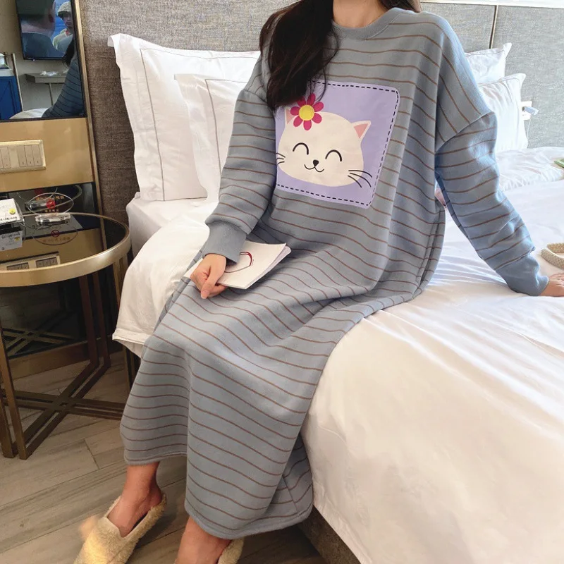 Female Long Sleeve Knit Cotton Nightgown Autumn Winter Thickened Fleece Warm Cartoon Outdoors Women Sleepwear Lady Loungewear - Image 2