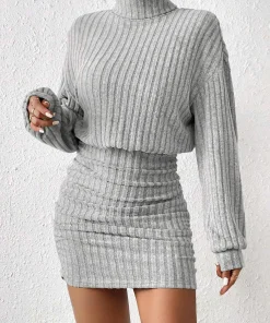 Women's Autumn Winter Fashion High Neck Knitted Sweater Dress Female Casual Solid Loose Long Sleeve Warm Mid Length Dresses