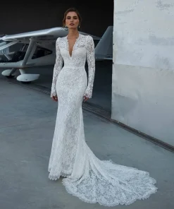 Modern V Neck Mermaid Wedding Dress Sweep Train Long Sleeves Bridal Dresses Customized свадебное платье
