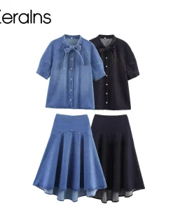 ZERAINS Autumn new women's clothing European and American style knot decoration denim shirt Midi skirt set