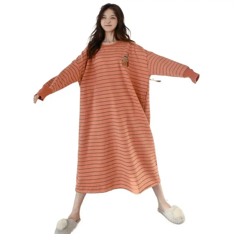 Female Long Sleeve Knit Cotton Nightgown Autumn Winter Thickened Fleece Warm Cartoon Outdoors Women Sleepwear Lady Loungewear - Image 6
