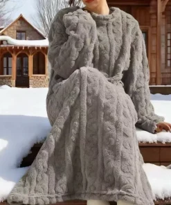 Alternative view of Winter New Long Warm Loose Fit Pocket Coral Fleece Pajama Set Nightgown Sleep Robe for Women Home Wear