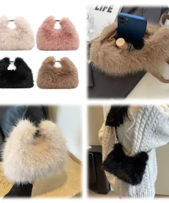 Faux Fur Shoulder Bag for Women Top Handle Clutch Bag Adjustable Strap Fluffy Crossbody Bag Lady Furry Handbag Party Purse