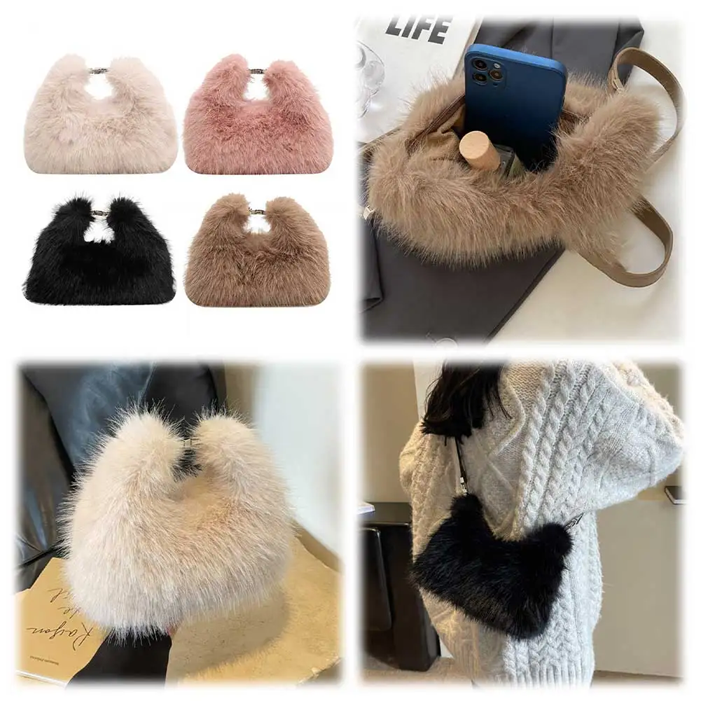 Faux Fur Shoulder Bag for Women Top Handle Clutch Bag Adjustable Strap Fluffy Crossbody Bag Lady Furry Handbag Party Purse