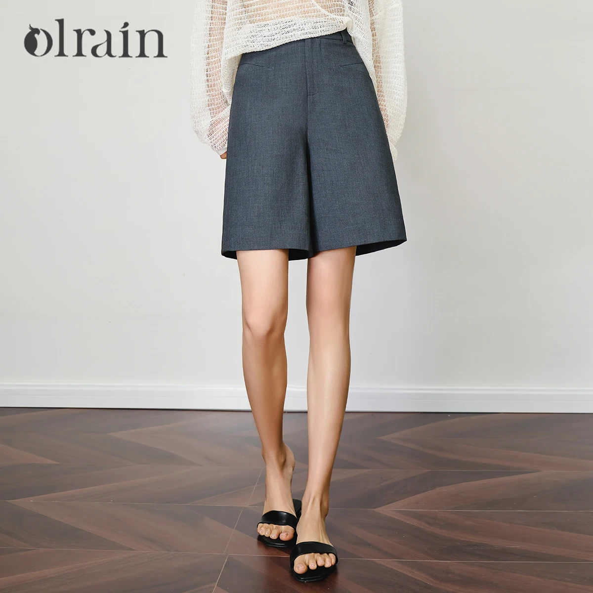 OLrain Grey Trendy Shorts 2025 Summer Straight Zip Up Blended Shorts Business Work Shorts Woman Pockets Ladies Pants O57XK99322