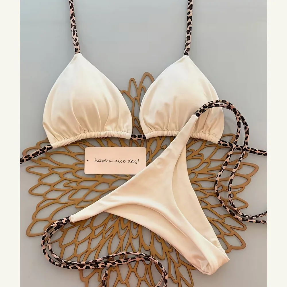 Women's fashionable bikini swimsuit, leopard print, tie-up design, beach vacation set