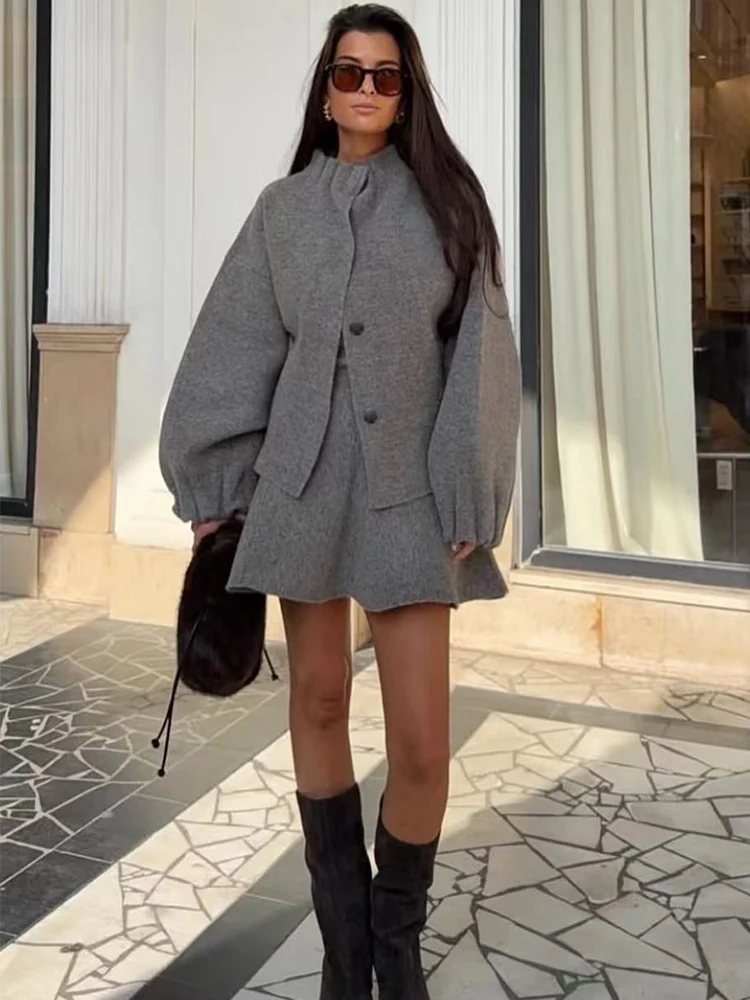 TFMLN Women's Knitted Mini Skirt Set Long Sleeve Loose Bomber Jacket Top A-Line Short Skirt Autumn Winter New Elegant Suit - Image 2