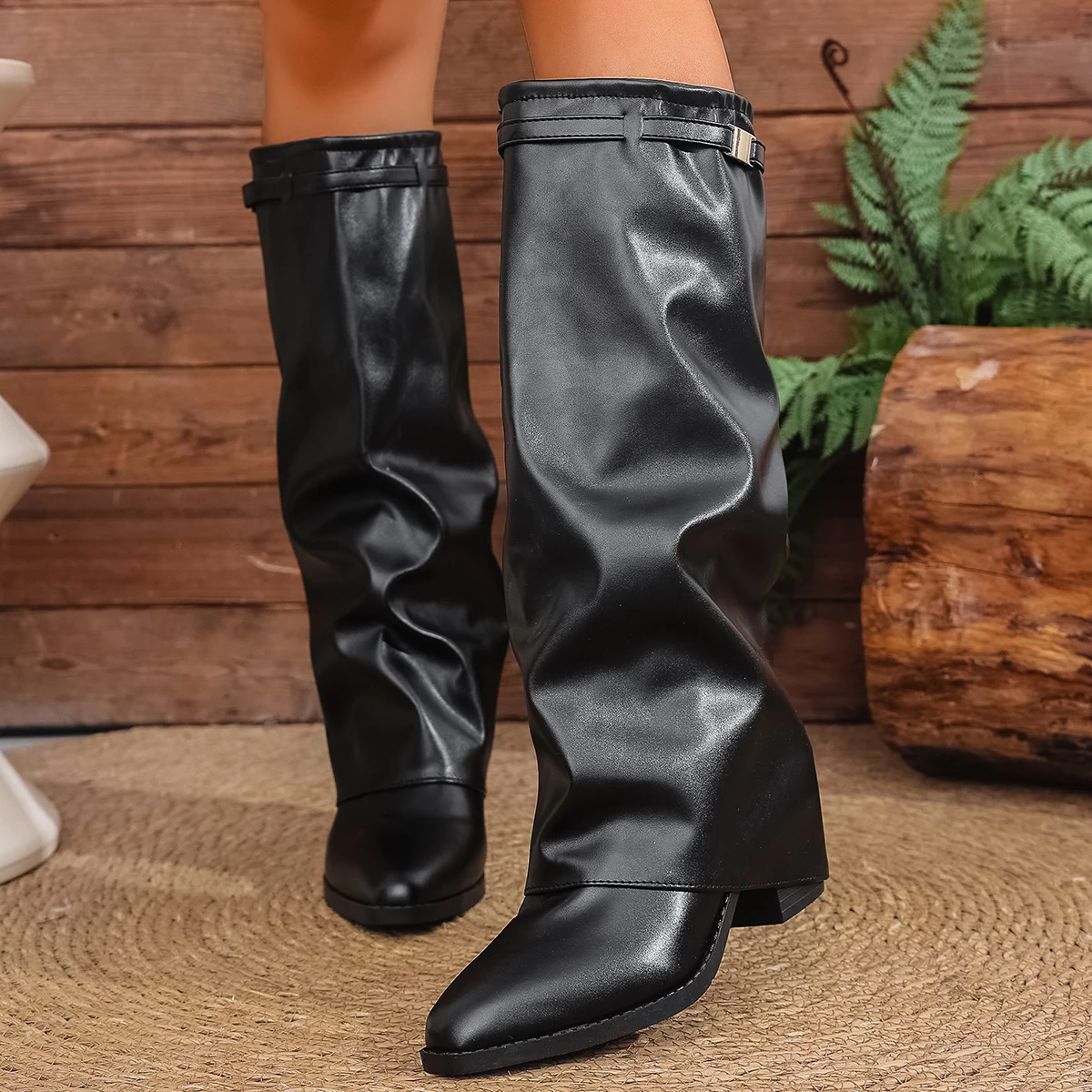 2026 Fashion Fold Over Knee High Boots for Women Slip On Chunky High Heel Shark Boots Woman Wide Leg PU Leather Long Botas Mujer - Image 2