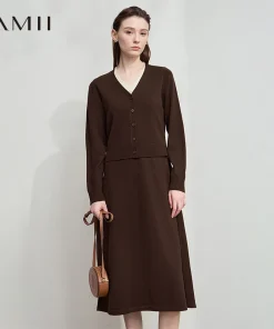 AMII Dress Ladies 2025 Autumn New Woman Clothing V-neck Fake Two-piece Knitted A-line Casual Elegant Dresses For Woman 12543051