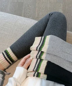 Alternative view of Ribbed Leggings Women High Waist Slim Thermal Wear Leggings Season Wool Pants for Fall Winter Fashion Striped Warm Pants