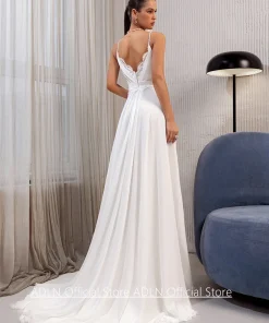 Alternative view of Summer Wedding Dress Customized Spaghetti Straps V Neck Pleat Lace Sweep Train A Line Chiffon Bridal Gown Beach Bride Dresses