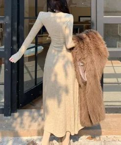 Alternative view of Smvp Elegant Slim High Waist Knit Dresses Women Autumn Winter Long Sleeve Thick Warm Long Dress Vintage Streetwear Vestidos