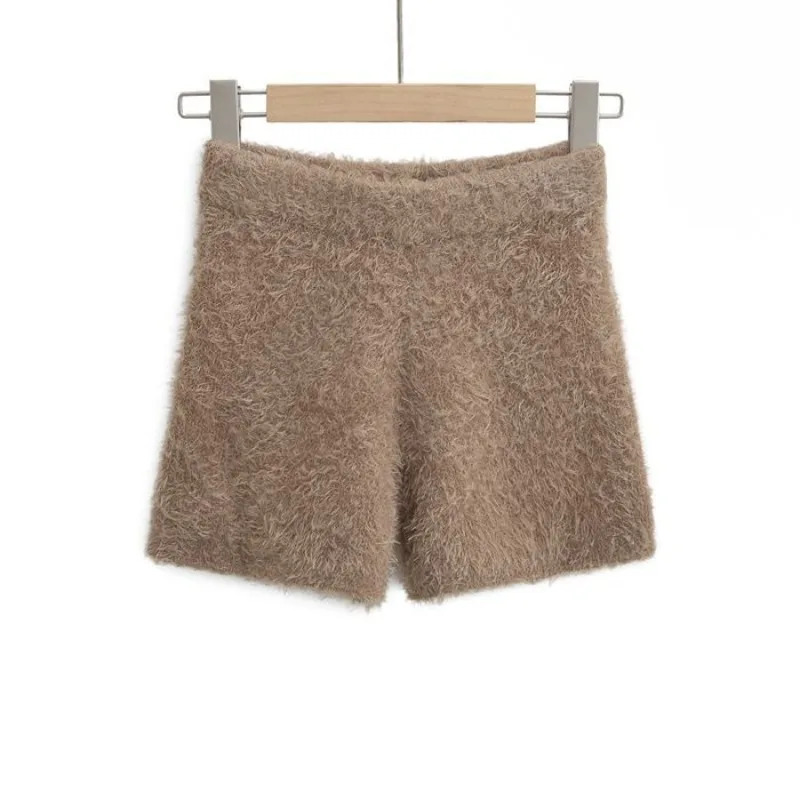 Women's Autumn Winter Faux Mink Hair Shorts Sweet Soft High Waist Slim Hairy Elasticity Shorts Fashion Knitting Homewear Shorts - Image 4