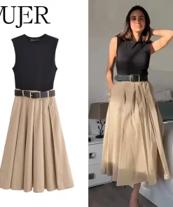 MUJER 2025 Woman Dresses Belt Pleated Midi Dress Women Sleeveless Summer Dress Woman Knitted Party Dresses for Women Sundress