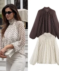 Women Polka Dot Print Blouse Casual High Collar